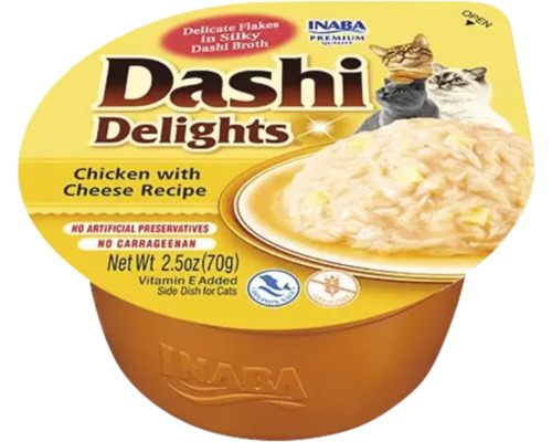 Inaba Dashi Delights hrană pentru pisici la cupă rețetă cu pui și brânză 70 grame.