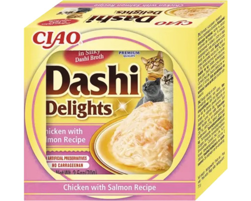 Hrană pentru pisici Ciao Dashi Delights, rețetă cu pui și somon în supă dashi, 70 grame.