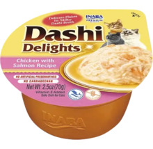 Hrană pentru pisici Inaba Dashi Delights, pui și somon, 70 grame. Fulgi delicați în supă dashi fără conservanți artificiali. Inaba Logo.