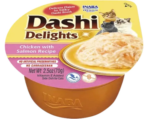 Hrană pentru pisici Inaba Dashi Delights, pui și somon, 70 grame. Fulgi delicați în supă dashi fără conservanți artificiali. Inaba Logo.