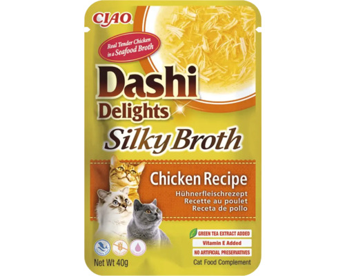 Ciao Logo. Dashi Delights Silky Broth rețetă cu pui, hrană complementară fără cereale pentru pisici, 40 grame.