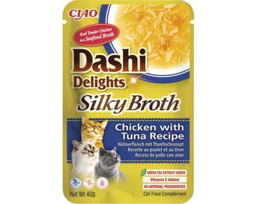 CIAO Dashi Delights Silky Broth hrană pentru pisici, rețetă cu pui și ton, hrană complementară, plic de 40 grame.