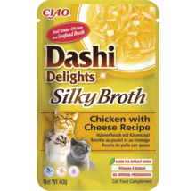 Supliment alimentar fără cereale pentru pisici CIAO Dashi Delights Silky Broth, rețetă cu pui și brânză, 40 grame.