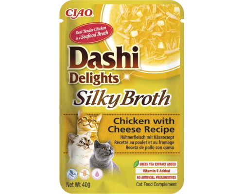 Supliment alimentar fără cereale pentru pisici CIAO Dashi Delights Silky Broth, rețetă cu pui și brânză, 40 grame.