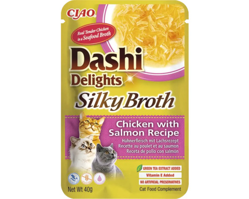 Ciao Logo, hrană pentru pisici Dashi Delights Silky Broth, pui cu somon, 40 grame, fără cereale, fără conservanți artificiali.