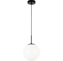 Pendul cu abajur sferic alb și suspensie neagră.