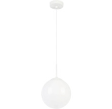 Pendul alb cu abajur sferic din sticlă.