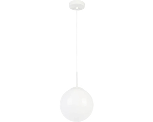 Pendul alb cu abajur sferic din sticlă.