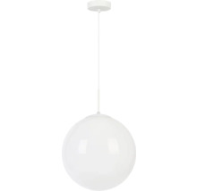Lustră albă cu abajur sferic din sticlă și cablu alb.