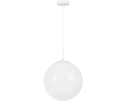 Lustră albă cu abajur sferic din sticlă și cablu alb.