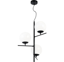 Pendul cu trei globuri din sticlă albă și structură metalică neagră. Lustră modernă pentru interior.