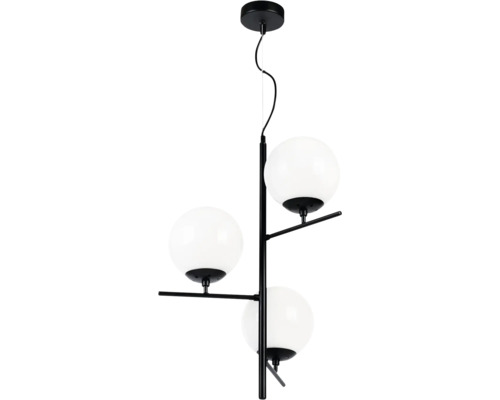 Pendul cu trei globuri din sticlă albă și structură metalică neagră. Lustră modernă pentru interior.