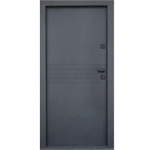 Ușă de intrare modernă din aluminiu de culoare antracit cu frezări orizontale, mâner și cilindru de închidere în toc asortat.