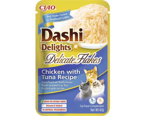 Supliment alimentar pentru pisici Ciao Dashi Delights Delicate Flakes cu pui și ton, fără cereale, plic de 40 grame.