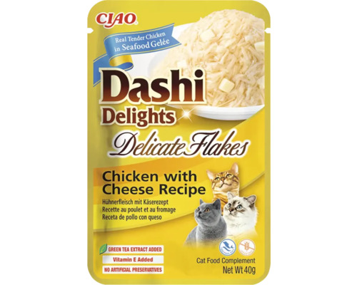 Supliment alimentar pentru pisici Ciao Dashi Delights Delicate Flakes, rețetă cu pui și brânză, plic de 40 grame.