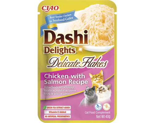Logo CIAO, hrană complementară pentru pisici Dashi Delights Delicate Flakes, pui cu somon în jeleu de fructe de mare, fără cereale, 40 de grame.