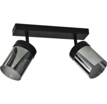 Spot de tavan negru cu două lumini, suport dreptunghiular din metal și două spoturi reglabile cu abajururi cilindrice din sticlă fumurie.