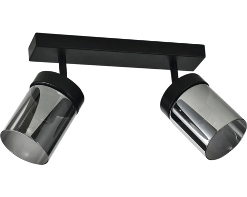 Spot de tavan negru cu două lumini, suport dreptunghiular din metal și două spoturi reglabile cu abajururi cilindrice din sticlă fumurie.