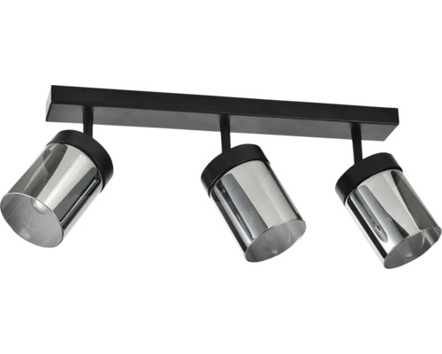 Plafonieră cu 3 spoturi din metal negru și abajururi din sticlă fumurie