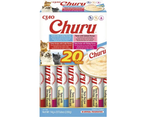 Recompensă pentru pisici Ciao Churu, 20 tuburi, ton cu scoici, somon, crab și creveți, fără cereale, 280 grame.