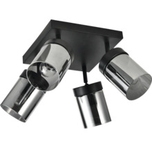 Plafonieră neagră cu bază pătrată și patru spoturi reglabile din sticlă fumurie.