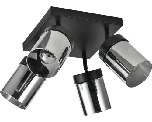 Plafonieră neagră cu bază pătrată și patru spoturi reglabile din sticlă fumurie.