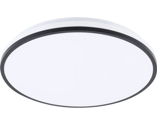 Plafonieră LED rotundă cu ramă neagră și efect de cer înstelat.