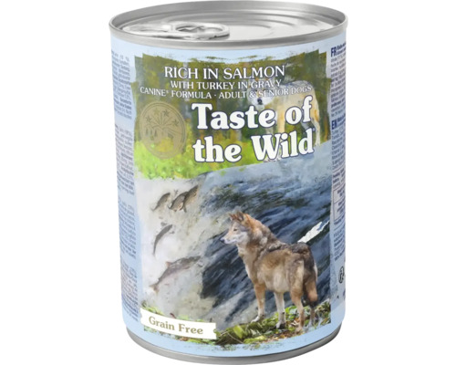 Conservă de hrană pentru câini Taste of the Wild cu somon și curcan în sos, fără cereale, pentru câini adulți și seniori.