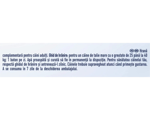 Hrană complementară pentru câini adulți. Ghid de hrănire: pentru un câine de talie mare cu o greutate de 25 până la 40 kg: 1 baton pe zi. Apă proaspătă și curată să fie în permanență la dispoziție. Pentru sănătatea câinelui...