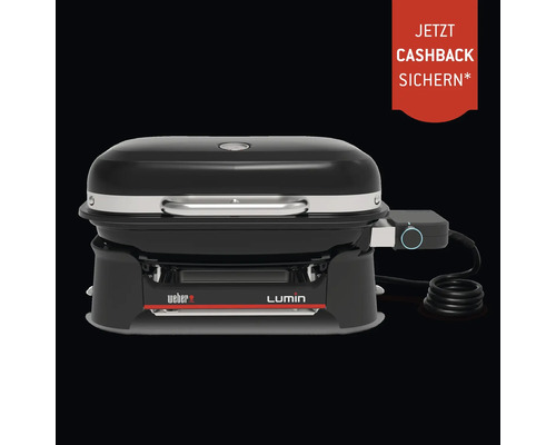 Grătar electric Weber Lumin cu capac, mâner și regulator de temperatură plus informații despre o campanie de cashback.