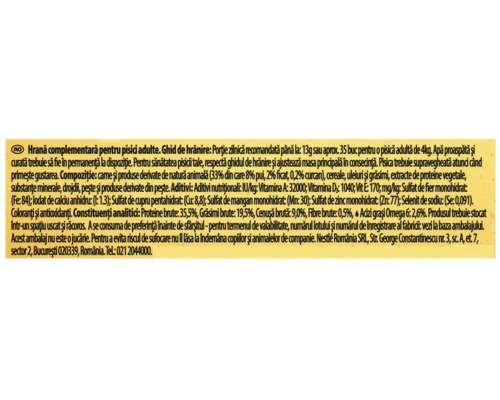 Informații despre recomandările de hrănire și compoziția hranei pentru pisici.