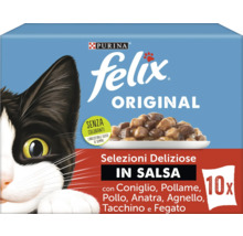 Hrană pentru pisici Purina Felix Original în sos cu iepure, pasăre, pui, rață, miel, curcan și ficat, pachet de 10