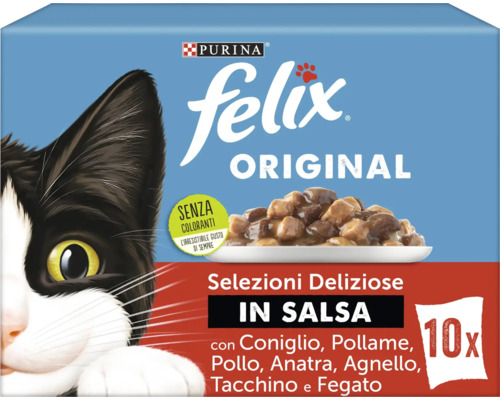 Hrană pentru pisici Purina Felix Original în sos cu iepure, pasăre, pui, rață, miel, curcan și ficat, pachet de 10