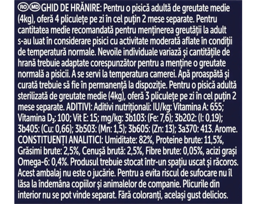 Ghid de hrănire pentru mâncare de pisici cu informații despre ingrediente și instrucțiuni de depozitare.