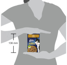 Hrană pentru pisici Felix Sensations în jeleu, dimensiunea pachetului ținută în mână, 136 mm înălțime