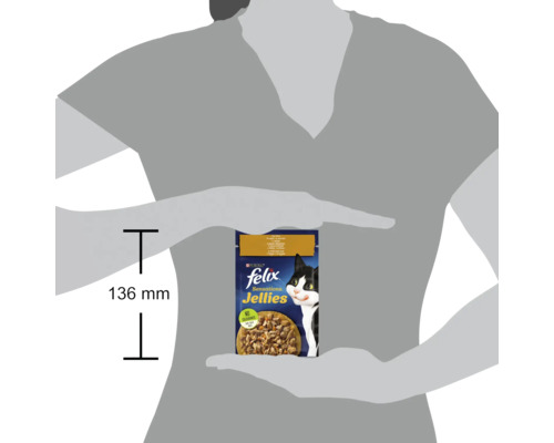 Hrană pentru pisici Felix Sensations în jeleu, dimensiunea pachetului ținută în mână, 136 mm înălțime