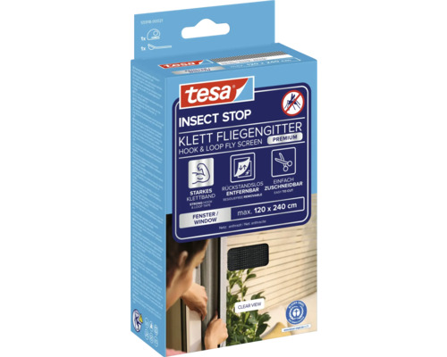 Plasă de insecte Tesa cu bandă velcro pentru fixare pe fereastră, dimensiune maximă 120 x 240 cm, inclusiv instrument pentru tăiere, Eticheta ecologică Îngerul Albastru