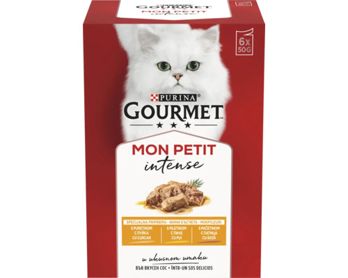 Hrană pentru pisici Purina Gourmet Mon Petit Intense, pachet de 6 bucăți a 50 de grame