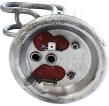 Element de încălzire pentru boilere cu bază metalică rotundă, spirală de încălzire și conexiuni electrice.