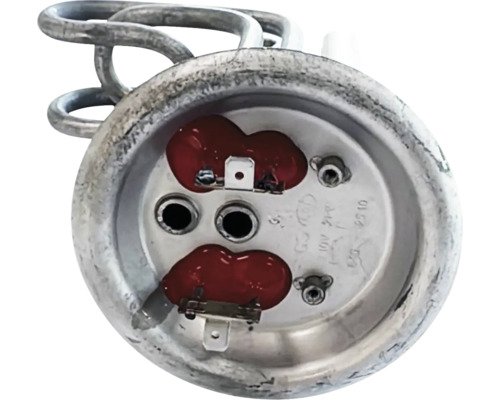 Element de încălzire pentru boilere cu bază metalică rotundă, spirală de încălzire și conexiuni electrice.
