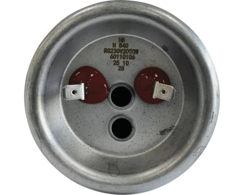 Flanșă metalică pentru element de încălzire cu două conexiuni electrice și două orificii centrale.