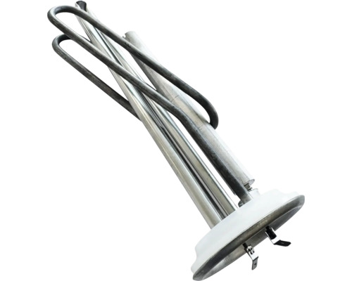 Rezistență electrică pentru rezervor de apă caldă din metal cu flanșă și conexiuni electrice.