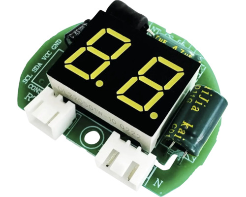 Afișaj LED cu 2 cifre și 7 segmente pe o placă de circuit imprimat verde cu conectori.