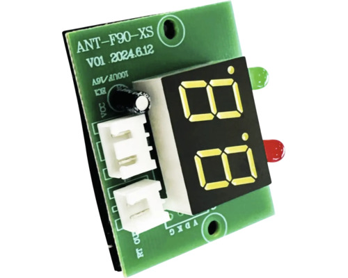 Modul de afișaj ANT-F90-XS cu afișaj cu diode luminiscente cu două cifre pe o placă de circuit verde.
