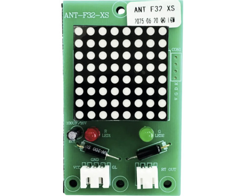 Modul de afișaj cu matrice LED cu opt pe opt puncte, placă de circuit verde, componente electronice și conectori albi.