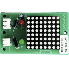 Modul electronic cu o matrice de puncte 8 pe 8 LED pe o placă de circuit imprimat verde cu conectori și componente.