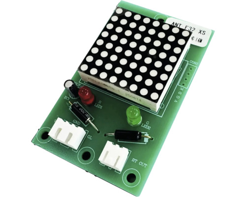 Modul electronic cu afișaj matricial de 8 pe 8 diode emițătoare de lumină, diode roșii și verzi și conectori pe placa de circuit imprimat verde.