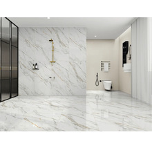 Baie luminoasă cu gresie de marmură, duș, toaletă și chiuvetă