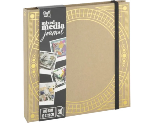 Jurnal mixed media Craft ID, 19 pe 19 centimetri, 300 grame pe metru pătrat, 30 de file, cu închidere elastică.
