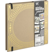 Jurnal mixed media Craft ID cu copertă maro, model circular auriu și bandă elastică de închidere.